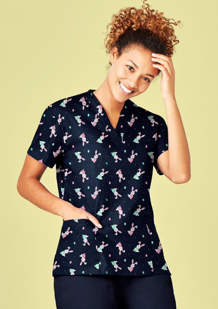Easter Womens V-Neck Short Sleeve Scrub Top — Midnight Navy