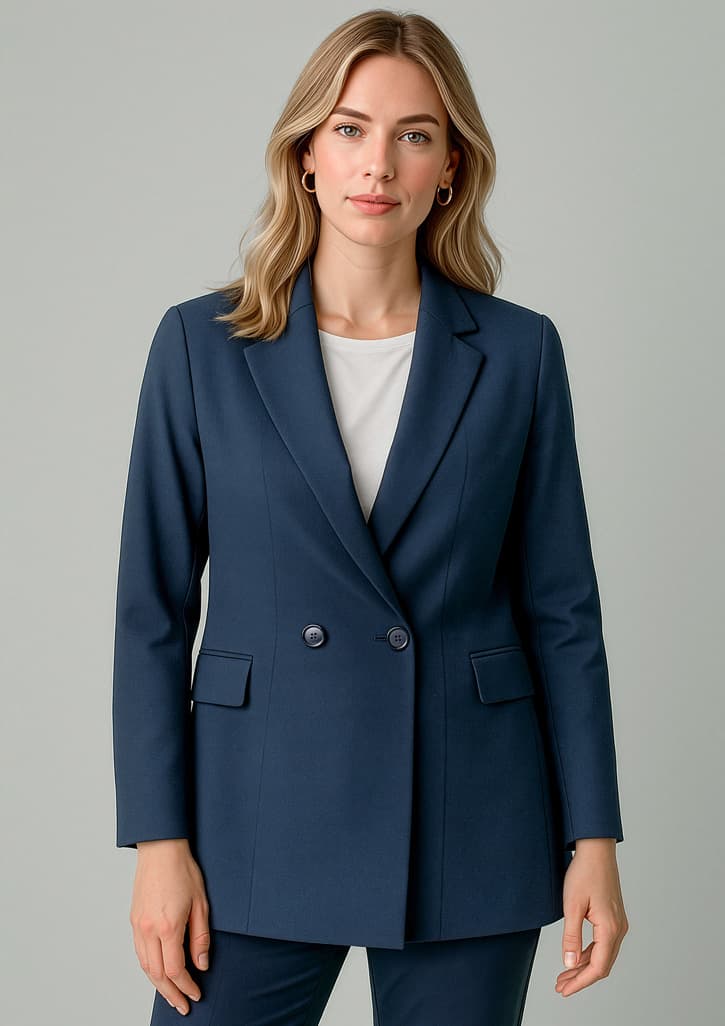 Renew Womens Double Breasted Longline Jacket — Navy Dusk