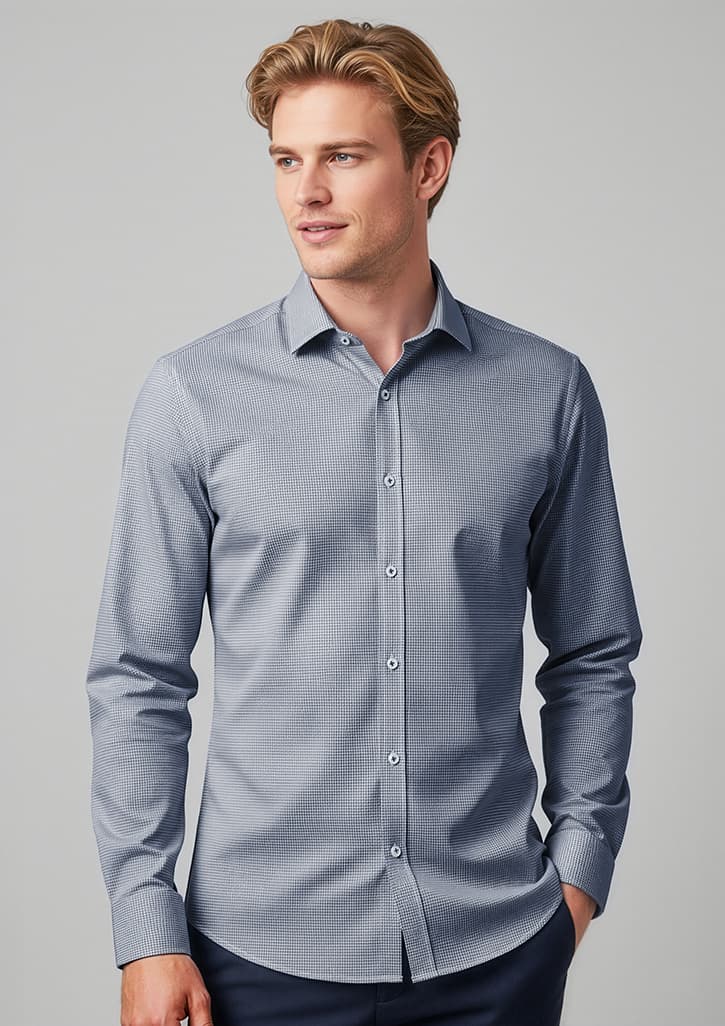 Bristol Mens Tailored Long Sleeve Shirt — White/Navy