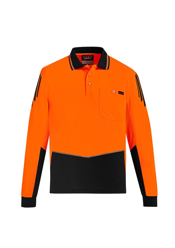 Mens Hi Vis Flux Long Sleeve Polo — Orange/Black