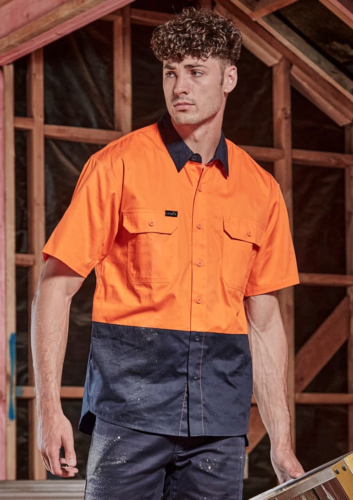 Mens Hi Vis Short Sleeve Shirt — Orange/Navy