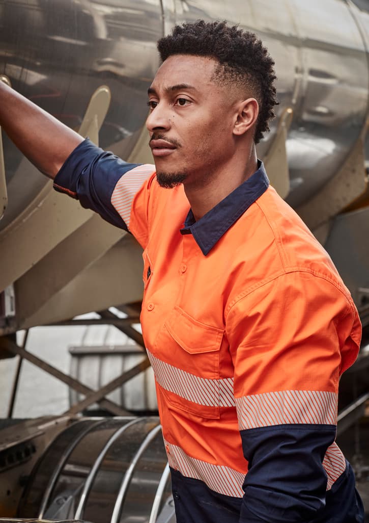 Mens Rugged Cooling Hi Vis Segmented Tape Long Sleeve Shirt — Orange/Navy