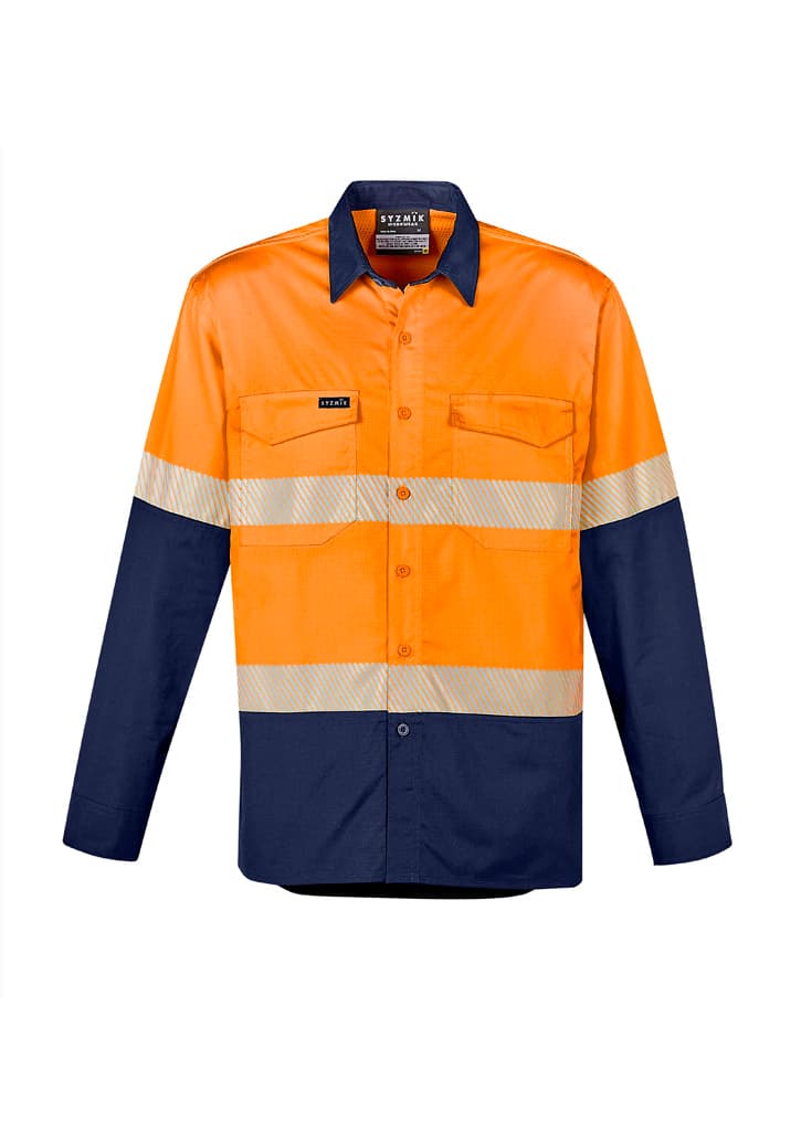 Mens Rugged Cooling Hi Vis Segmented Tape Long Sleeve Shirt — Orange/Navy