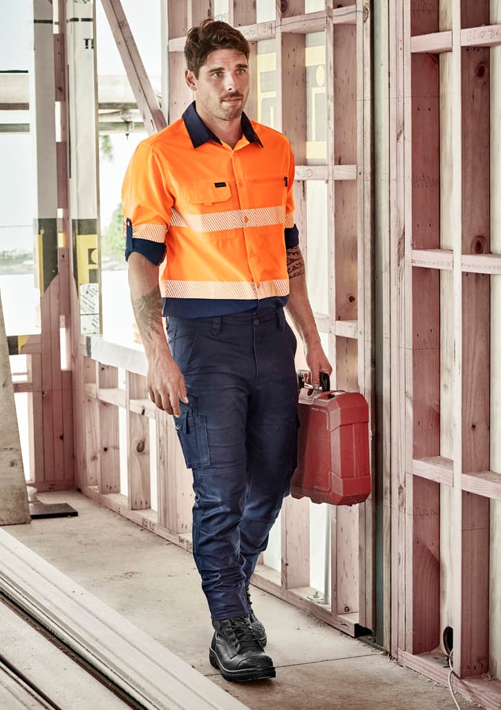 Mens Hi Vis Outdoor Segmented Tape Long Sleeve Shirt — Orange/Navy