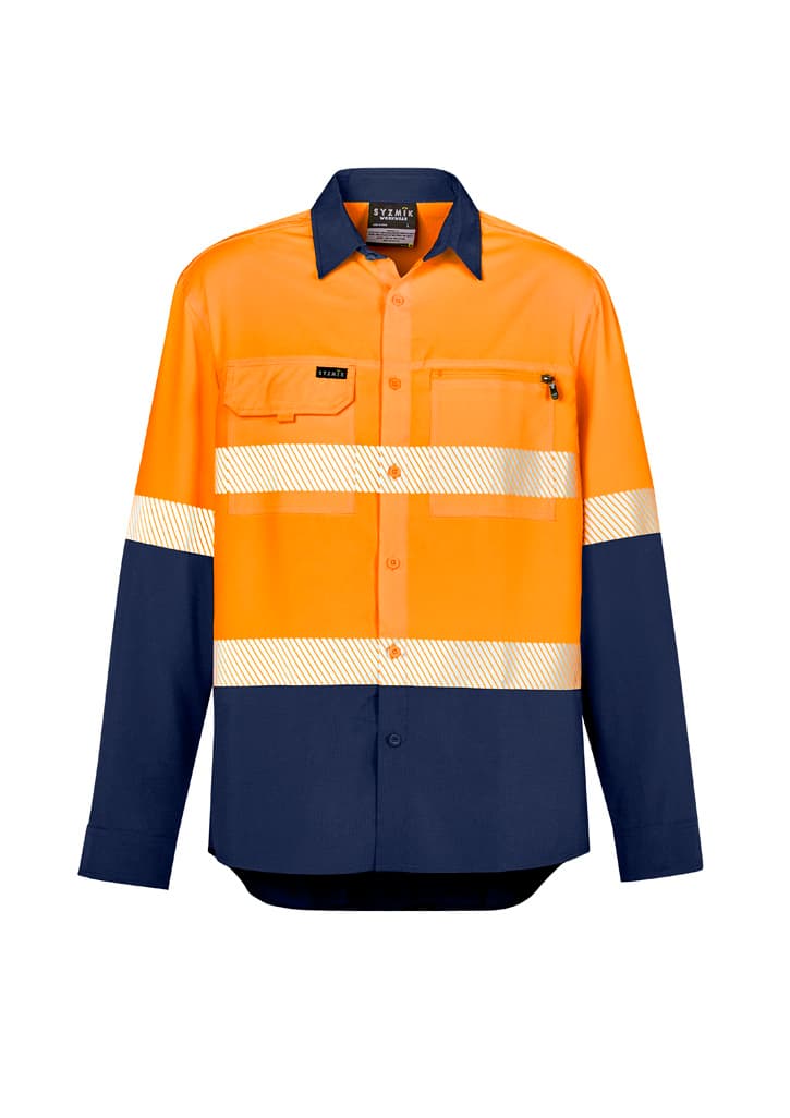 Mens Hi Vis Outdoor Segmented Tape Long Sleeve Shirt — Orange/Navy