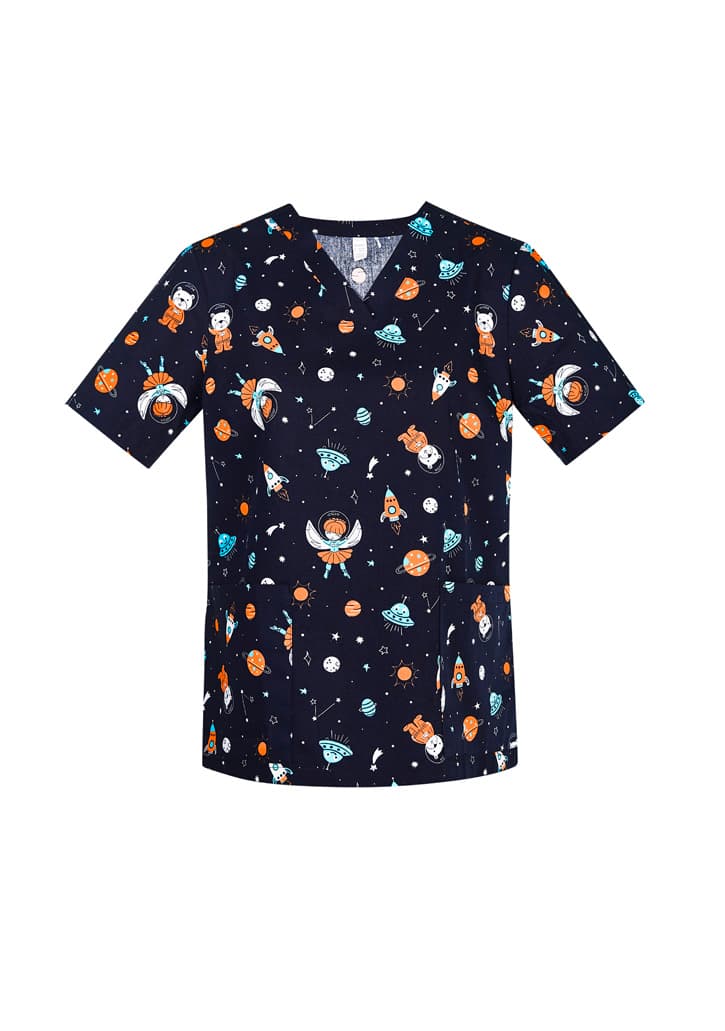 Printed Womens Space Party Scrub Top — Midnight Navy