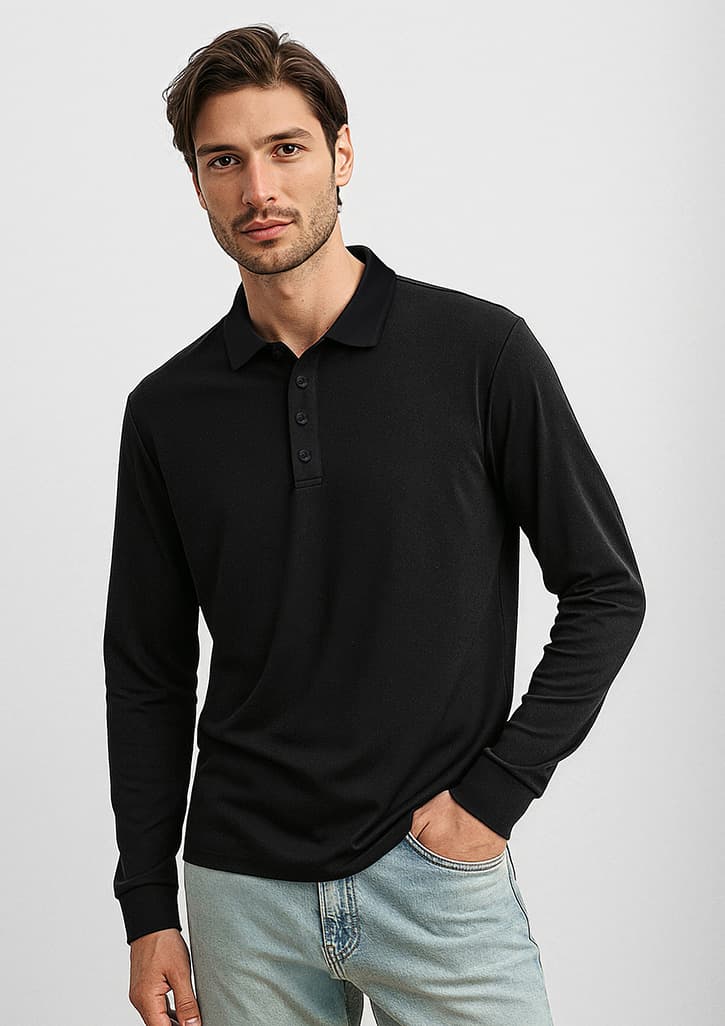Action Mens Long Sleeve Polo — Black