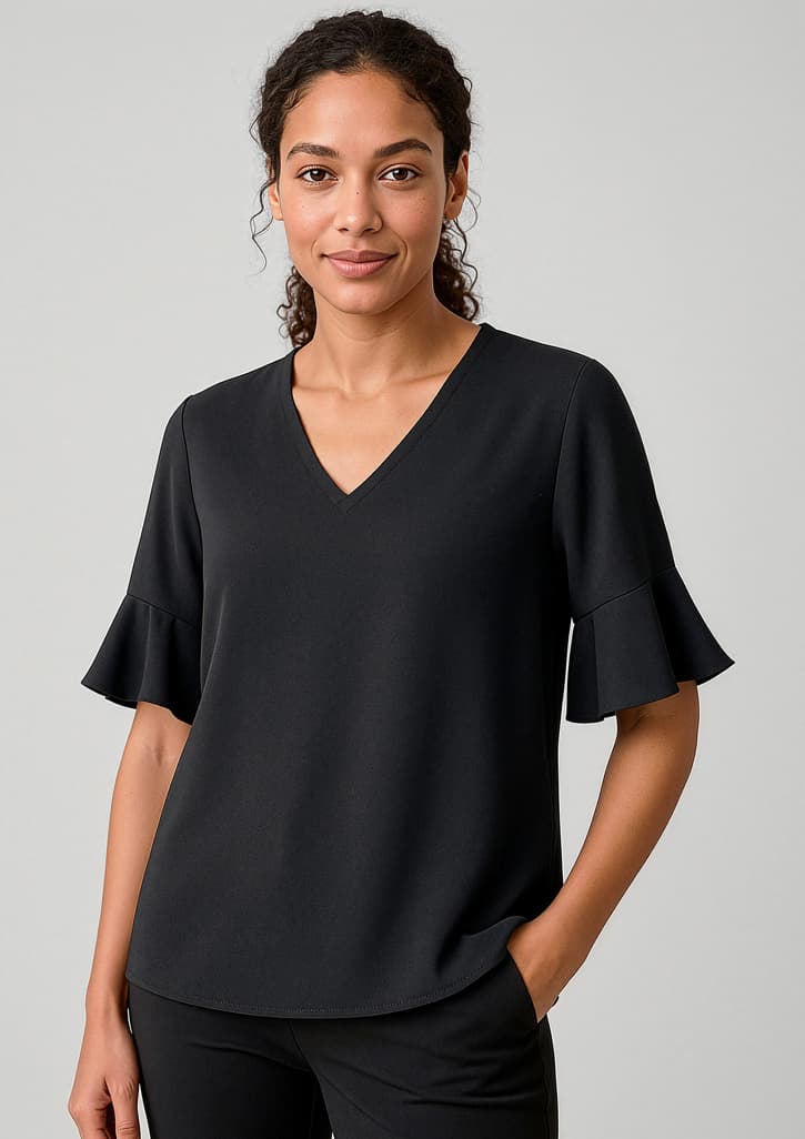 Aria Womens Fluted Sleeve Blouse — Black