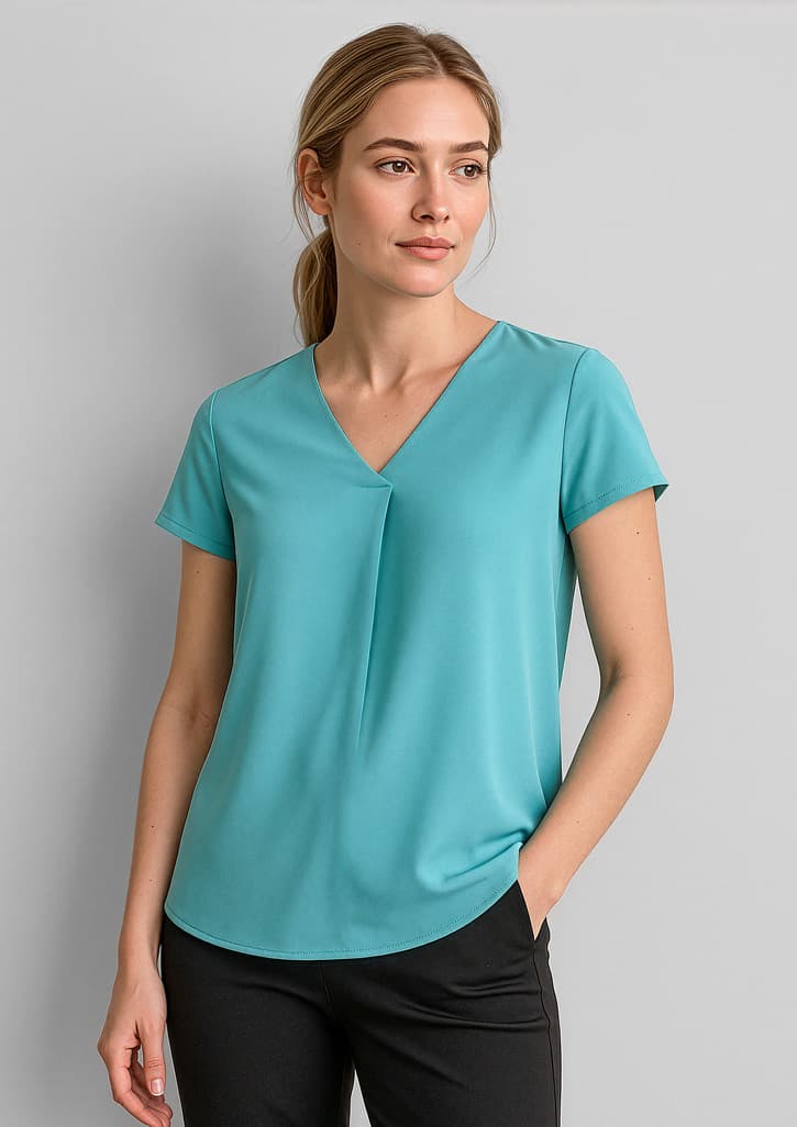 Kayla Womens V-Neck Pleat Blouse — Aqua