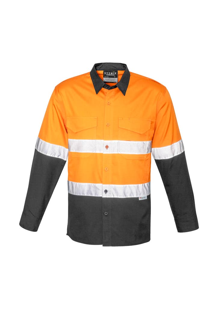 Mens Rugged Cooling Hi Vis Taped Long Sleeve Shirt — Orange/Charcoal
