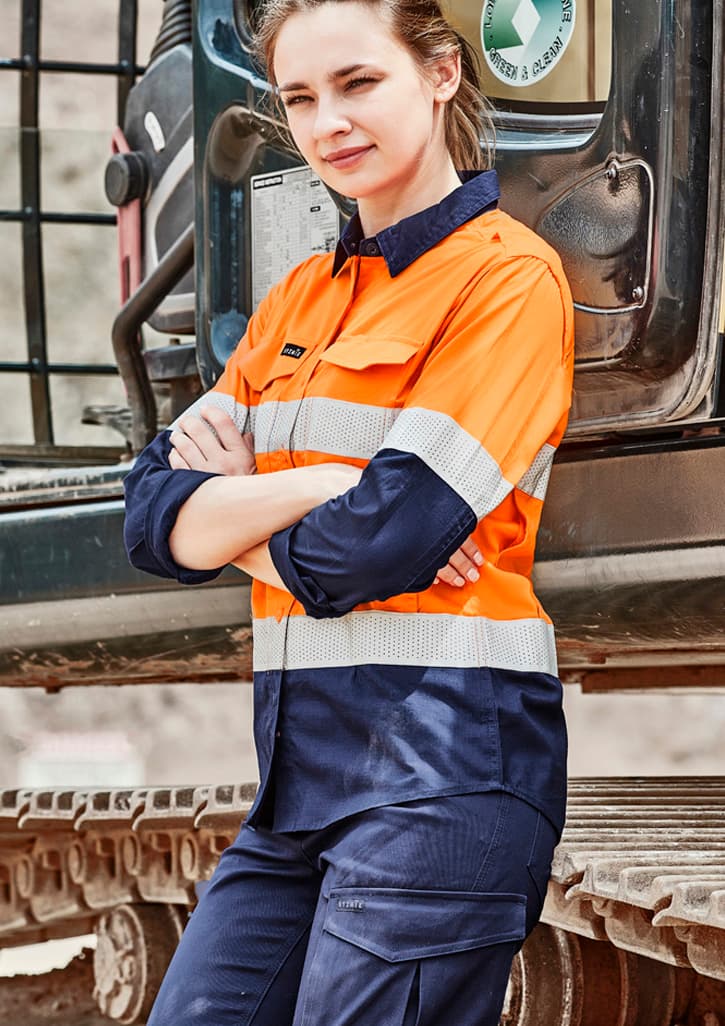 Womens Rugged Cooling Hi Vis Taped Long Sleeve Shirt — Orange/Navy
