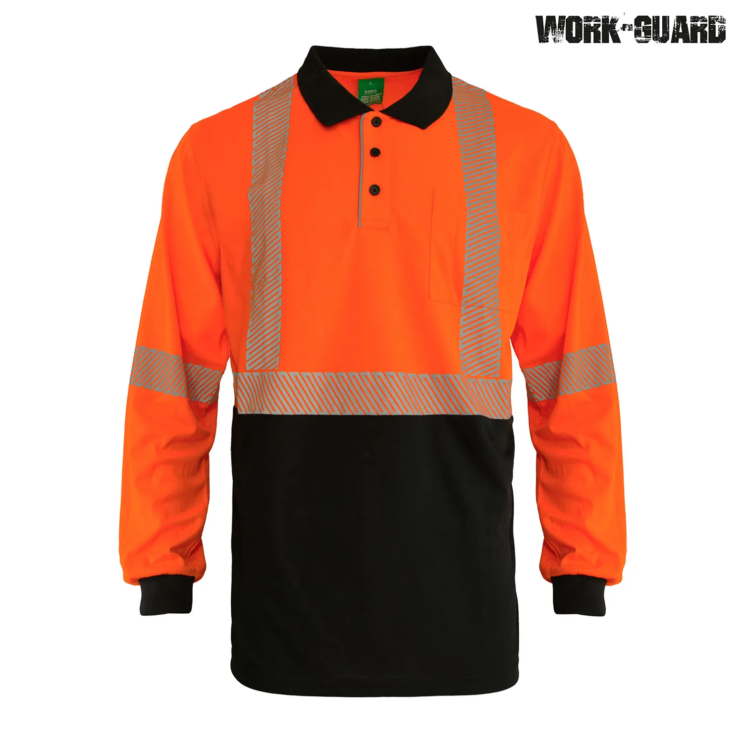 R486X Work-Guard Recycled Hi Vis Long Sleeve Day/Night Polo — Safety Orange/Black